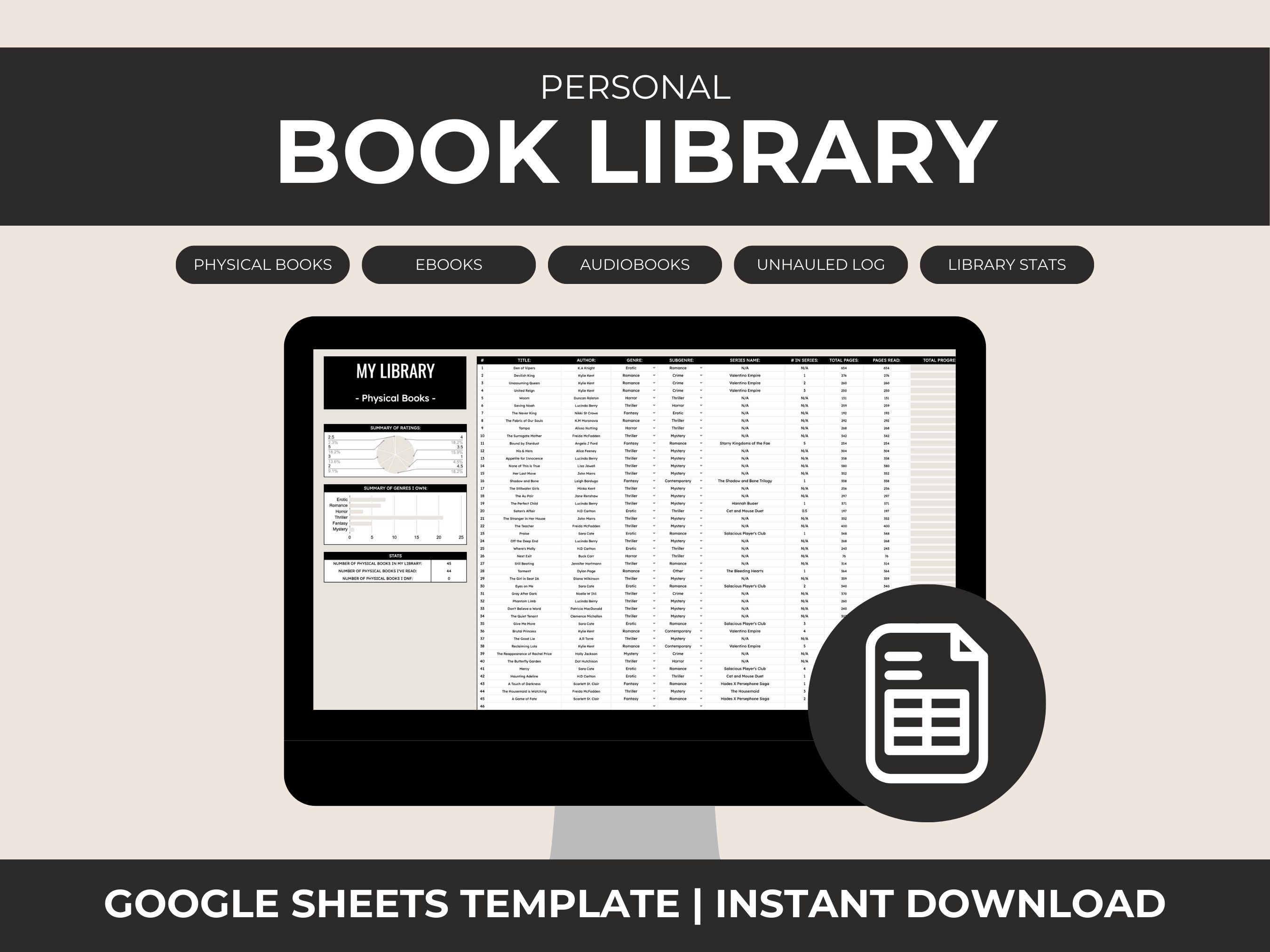 Personal Library Spreadsheet, Library Tracker Sheet, Google Sheets ...