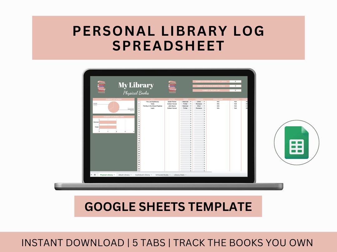 Personal Library Spreadsheet Library Tracker Sheet Google Etsy