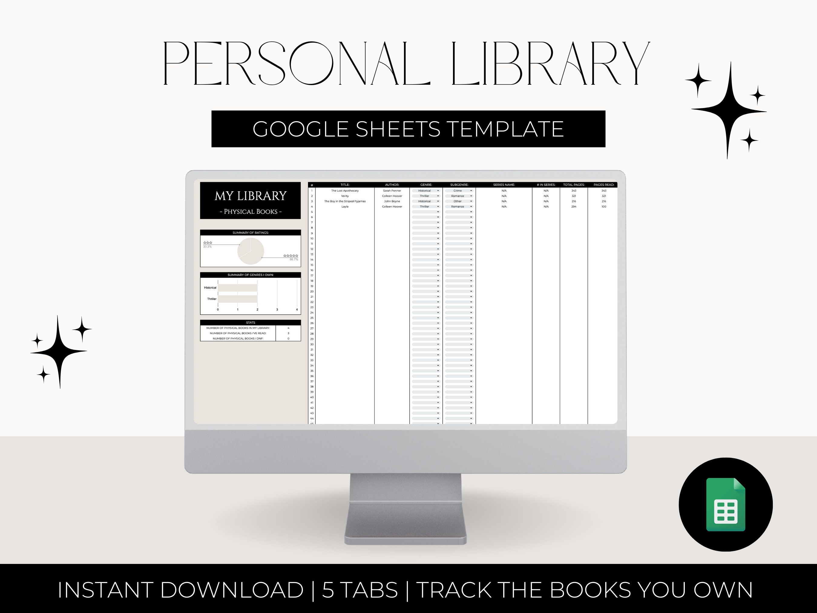 Personal Library Spreadsheet Library Tracker Sheet Google - Etsy