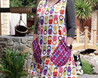 Reversible Matryoshka Doll Apron, Nesting Dolls and Folk Art Birds, Cross Back Adult Apron