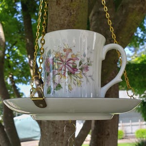 Vintage Honeysuckle Floral Teacup Bird Feeder, Cottage Garden Decor