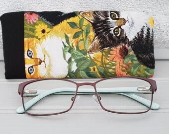 Cat Print Eyeglass Case, Padded Cotton Reading Glasses Pouch with Floral Fabric
