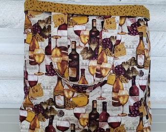 Wine and Cheese Tote Bag, Fully Lined Reusable Shopping Bag, Handmade Cotton Tote