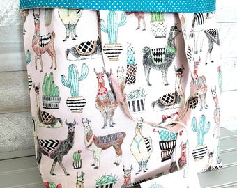 Llama Reusable Tote, Pink Cactus Market Bag, Handmade Cloth Llama Lover Gift