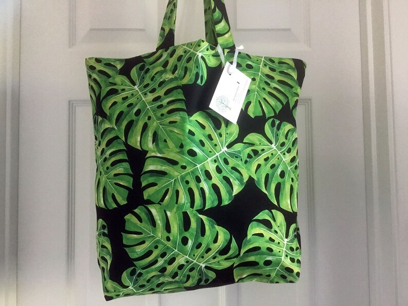 Fabric Market Bag Philodendron Eco Friendly Reusable LINED Cloth Shopping Tote Bag Store Bag lined tropical leaves bag Shopping bag