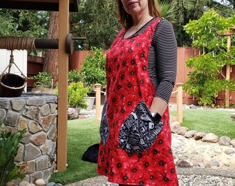 Reversible Red Poppy Apron, Black Kitchen Typography Print, Cross Back Adult Apron with Pockets