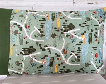 Summer Camp Flannel Pillowcase, Standard Size, Fully Sewn-In Forest Green Accent Trim