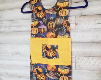 Tablier croisé pour enfants, motif citrouilles, chats noirs et poche, taille 7-8 ans