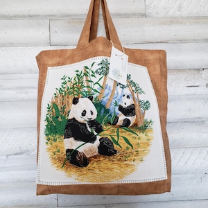 Lined Panda Bear Cloth Tote Bag: Embroidered Vintage Style