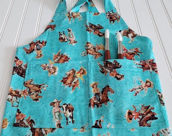 Western Cowboy Cowgirl Child Apron, Turquoise Kids Cooking Apron with Divided Pocket