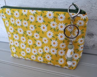 Yellow Daisy Makeup Bag, Handmade Floral Zipper Pouch with Detachable Charm