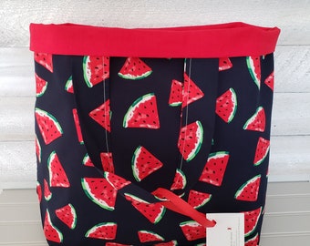 Watermelon LINED Reusable Cloth Shopping Tote Bag, Fabric Market Bag, Reusable Store Bag, Sustainable Eco Friendly & Washable Gift Bag