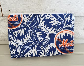 New York Mets Zipper Pouch, Handmade Baseball Makeup Bag, Blue Orange Organizer
