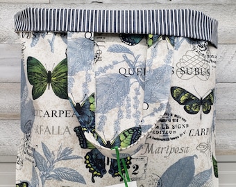 Blue Butterfly Lined Canvas Tote Bag, Reusable Market Bag