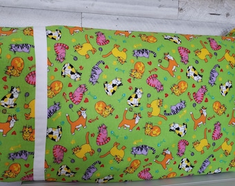Colorful Cats Flannel Pillowcase with White Sewn Accent Trim