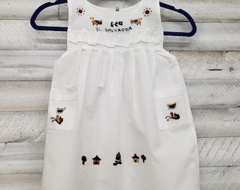El Salvador Girls Embroidered Dress, Vintage Style Scenic Cotton, Size 4