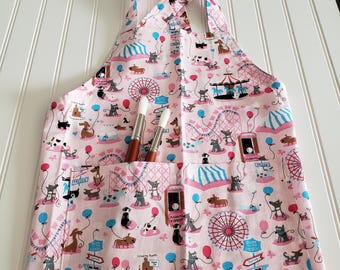 Dog Carnival Child Apron, Pink Kids Cooking Apron with Divided Pocket