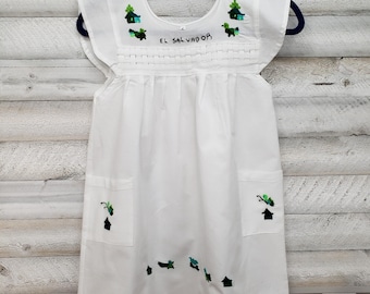 Traditional El Salvador Embroidered Cotton Dress Size 6, Village Birds Pockets