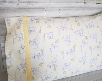 Bunny Rabbit Flannel Pillowcase with Yellow Striped Sewn Accent Trim