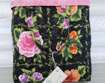 Rose Floral Lined Tote Bag – Black Cotton Market Bag with Pink Batik Lining