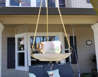 Blush Blossom Vintage Teacup Bird Feeder | Upcycled China Garden Decor, Crystal Drop
