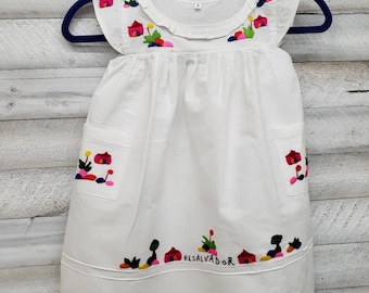 El Salvador Girls Embroidered Muslin Dress, Vintage Style Pink Village Scene, Size 4
