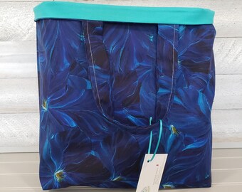 Lined Blue Floral Tote Bag, Turquoise Cotton Market Bag, Large Everyday Carryall
