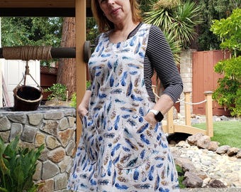 Reversible Cross Back Apron, Navy World Map and Blue Feather Print, Handmade Adult Apron