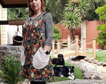 Reversible Fall Harvest Apron, Fruit and Tiny Floral Prints, Cross Back Adult Apron with Pockets