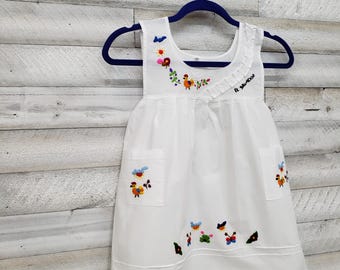 El Salvador Girls Embroidered Cotton Dress, Vintage Style Birds and Flowers, Size 4