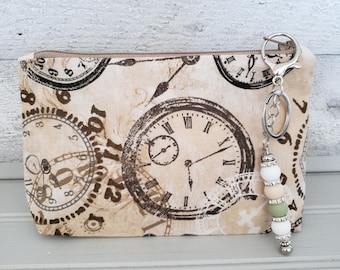 Vintage Clock Makeup Bag, Handmade Steampunk Zipper Pouch with Detachable Charm