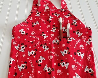 I Woof You Child Apron, Red Puppy Kids Cooking Apron with Divided Pocket