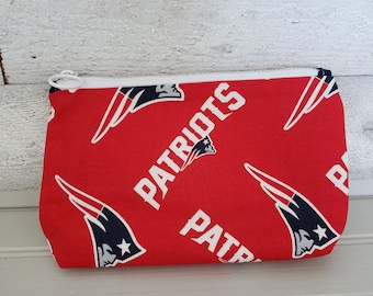 New England Patriots Zipper Pouch, Handmade Football Makeup Bag, Red Navy Organizer