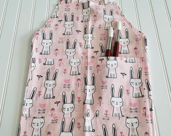 Pink Bunny Child Apron, Floral Kids Cooking Apron with Divided Pocket