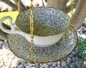 Gray Floral Teacup Bird Feeder – Pink Blossom Garden Decor