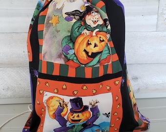 Handmade Halloween Drawstring Backpack, Vintage Witch Trick or Treat Bag