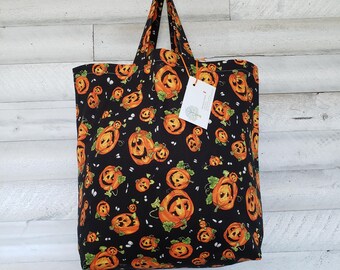 Halloween Pumpkin Tote Bag, Reusable Jack O Lantern Shopping Bag, Handmade Fabric Bag