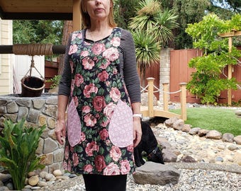 Reversible Pink Rose Apron, Black Floral and Blush Medallion Prints, Cross Back Adult Apron