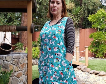 Reversible Christmas Dog Apron, Teal Holiday Puppies and Black Floral, Cross Back Adult Apron
