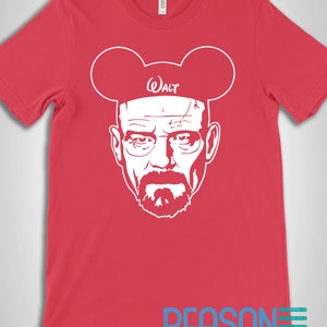 May include: A red t-shirt with a white silhouette of Walter White's face wearing Mickey Mouse ears with the word "Walt" on the headband.
