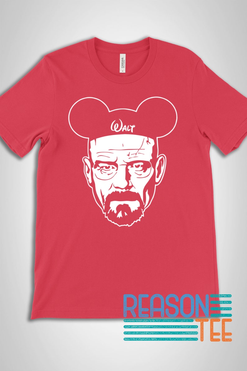 May include: A red t-shirt with a white silhouette of Walter White's face wearing Mickey Mouse ears with the word "Walt" on the headband.
