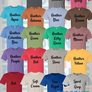 May include: A chart of 18 different t-shirt colors, including Ash, Asphalt, Deep Heather, Heather Berry, Heather Aqua, Heather Autumn, Heather Blue, Heather Brown, Heather Columbia Blue, Heather Green, Heather Kelly Green, Heather Mauve, Heather Purple, Heather Red, Heather Stone, Heather Yellow, Red, Soft Cream, True Royal, and Sport Grey. The chart is labeled "REASON TEE".