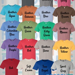 May include: A chart of 18 different t-shirt colors, including Ash, Asphalt, Deep Heather, Heather Berry, Heather Aqua, Heather Autumn, Heather Blue, Heather Brown, Heather Columbia Blue, Heather Green, Heather Kelly Green, Heather Mauve, Heather Purple, Heather Red, Heather Stone, Heather Yellow, Red, Soft Cream, True Royal, and Sport Grey. The chart is labeled "REASON TEE".