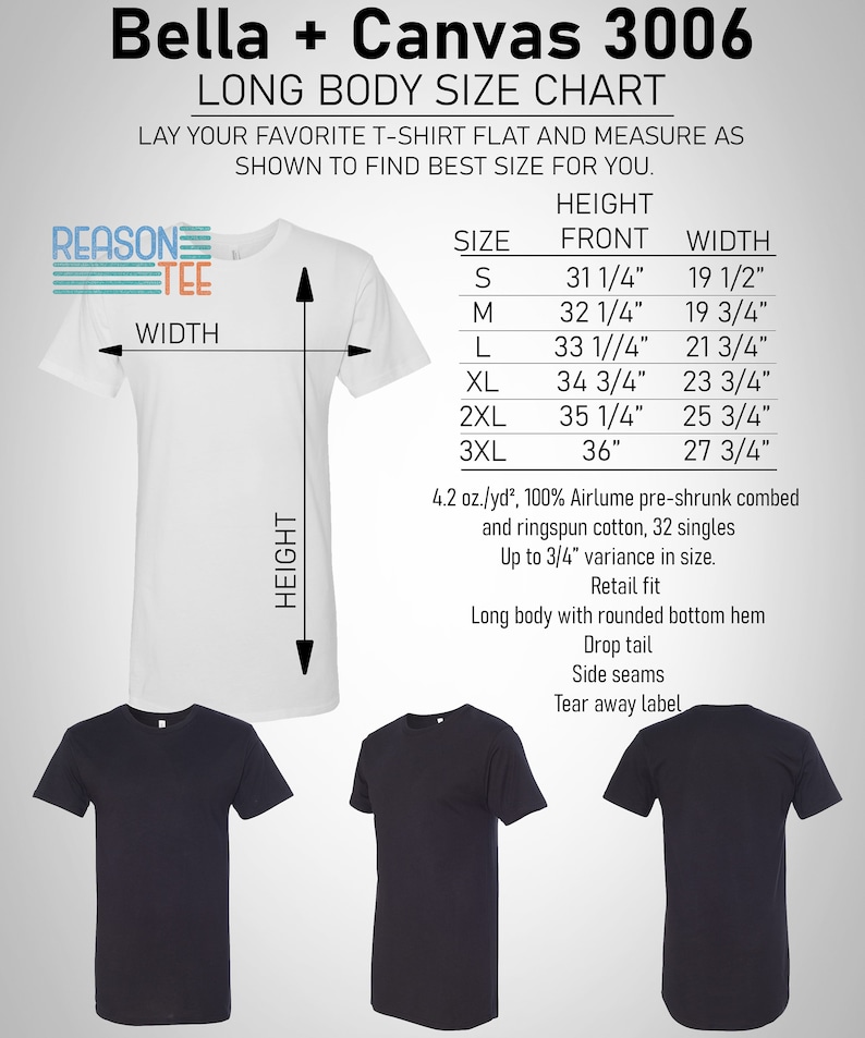 May include: A white long-sleeve t-shirt with a size chart showing measurements in inches. The chart includes sizes S, M, L, XL, 2XL, and 3XL. The text "Bella + Canvas 3006" is at the top of the chart. The text "Long Body Size Chart" is below the brand name. The text "Lay your favorite t-shirt flat and measure as shown to find best size for you." is below the chart title.