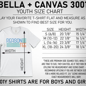 May include: A white Bella + Canvas 3001Y youth t-shirt size chart with measurements in inches. The chart shows the size, height, and width of the shirt in different sizes: S (6/8), M (10-12), L (14-16), and XL (18-20). The chart also includes a note about the sizing of the shirts, stating that they are premium side seamed tees and may run small. The chart recommends upsizing if you are between sizes for a more relaxed fit.