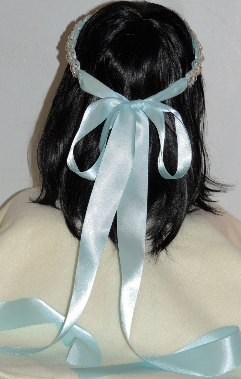 Something Blue Bridal Headpiece Wreath Tie Back Silver Rhinestone Pearls Sequins