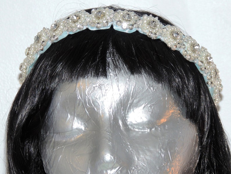 Something Blue Bridal Headpiece Wreath Tie Back Silver Rhinestone Pearls Sequins