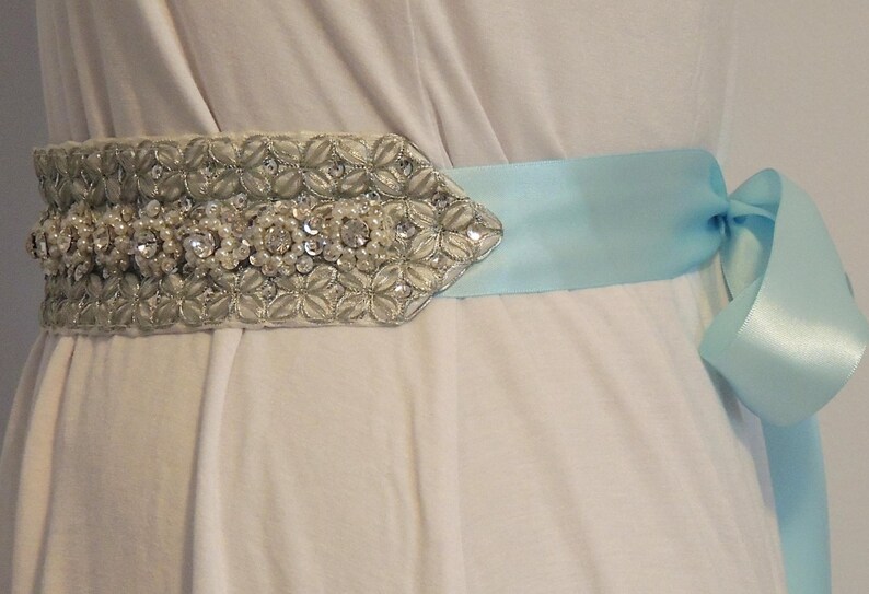 Something Blue Bridal Headpiece Wreath Tie Back Silver Rhinestone Pearls Sequins