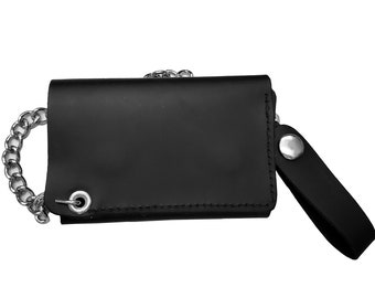 Premium Top Grain Black Trifold Chain Wallet