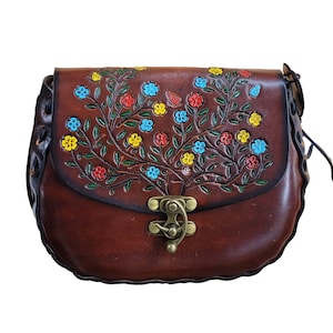 Tooled Leather Purse Gift for Her - Womens Tooled Leather Purse - Hand Tooled & Hand Painted Leather Floral Handbag